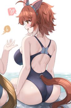2girls animal_ears ass bare_shoulders black_one-piece_swimsuit breasts brown_hair clothing_cutout commentary competition_swimsuit dantsu_flame_(umamusume) highres horse_ears horse_girl horse_tail kibihimi large_breasts looking_at_another multiple_girls one-piece_swimsuit paid_reward_available poolside sitting skindentation solo_focus spoken_food swimsuit symbol-only_commentary tail tail_through_clothes umamusume wet white_hair