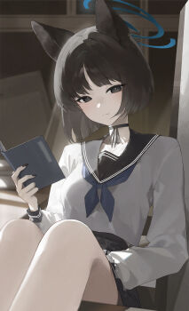 1girl animal_ears black_choker black_eyes black_hair black_nails blue_archive blue_halo blue_neckerchief book cat_ears cat_girl choker halo highres holding holding_book indoors kikyou_(blue_archive) kji_(rozo) looking_at_viewer neckerchief school_uniform serafuku short_hair sitting solo white_serafuku
