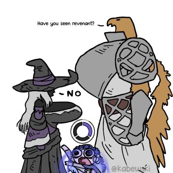 1boy 2girls absurdres armor black_dress black_skin blind_spot_(meme) chibi colored_skin commentary dress elden_ring elden_ring_nightreign english_commentary english_text feathers flower_wreath from_side guardian_(elden_ring) hat hat_over_eyes highres kabewski long_hair meme multiple_girls recluse_(elden_ring) revenant_(elden_ring) shouting signature speech_bubble user_interface white_background white_dress white_hair wide_sleeves wings witch