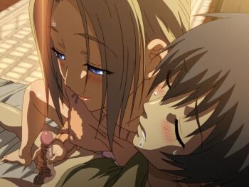 1boy 1girl 2010s 2011 bed blonde_hair blue_eyes breasts covered_erect_nipples drooling feet handjob jellyfish_(company) kamimura_akiko keisuke_(sisters) kiss kouzaka_kouhei large_breasts lips long_hair long_sleeves bad_tag no_bra older_female_and_younger_male panties penis premature_ejaculation saliva saliva_trail shiny_skin shocked_pupils shy sisters_~natsu_no_saigo_no_hi~ surprised sweat sweater taki_minashika uncensored underwear veins veiny_penis