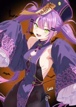 1girl absurdres alternate_costume armpits artist_name breasts curio_(curiofinity) demon_tail detached_sleeves earrings green_eyes hair_ornament hairclip halloween_costume hat highres hololive jewelry jiangshi_costume multiple_earrings open_mouth pantyhose purple_hair sleeves_past_fingers sleeves_past_wrists small_breasts smile solo tail tokoyami_towa twintails virtual_youtuber