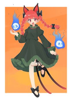 Rule 34 | 1girl, animal ears, black shoes, blush, border, bow, braid, cat ears, cat tail, commentary request, dress, edamanecha, extra ears, footwear bow, full body, green dress, highres, hitodama, juliet sleeves, kaenbyou rin, leg up, long sleeves, looking at viewer, multiple tails, open mouth, orange background, pointy ears, puffy sleeves, red eyes, red hair, shoes, side braids, simple background, solo, tail, touhou, twin braids, two tails, white border