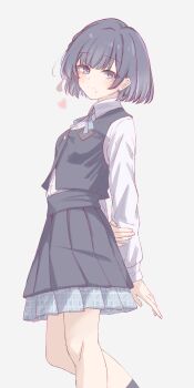 1girl black_hair black_overskirt black_socks black_vest blue_skirt blush dress_shirt feet_out_of_frame gakuen_idolmaster hataya_misuzu hatsuboshi_gakuen_school_uniform heart highres idolmaster light_smile long_sleeves looking_at_viewer mole mole_under_mouth pleated_skirt school_uniform shirt short_hair simple_background skirt socks solo tofu_thunder vest white_shirt