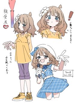 ! 1girl absurdres beret blue_dress blush brown_hair commentary_request dress flower gloves hair_flower hair_ornament hat highres holding holding_microphone idolmaster idolmaster_million_live! medium_hair meeeeeeco359 microphone multiple_views open_mouth shirt shoes short_sleeves simple_background smile standing suou_momoko translation_request white_background white_flower white_gloves white_hat yellow_shirt yellow_shoes