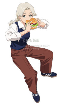 1girl artist_request burger eating food full_body grey_eyes grey_hair highres looking_at_viewer shirt shoes sneakers vest watermark white_background white_hair