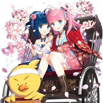 2girls akane_garnet aqua_eyes blue_eyes blue_hair cherry_blossoms frilled_kimono frills japanese_clothes kimono long_hair multiple_girls nina_voyage off_shoulder pink_hair piyokichi_(uchihime) rickshaw salt_(salty) sitting twintails uchi_no_hime-sama_ga_ichiban_kawaii