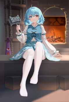 1girl blue_eyes blue_hair blue_skirt blue_vest breasts chinese_commentary closed_mouth commentary_request fireplace hammer heterochromia highres holding holding_hammer juliet_sleeves karakasa_obake long_sleeves looking_at_viewer pantyhose puffy_sleeves purple_umbrella qinyuzhen red_eyes sitting skirt smile solo tatara_kogasa touhou umbrella vest white_pantyhose