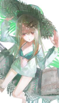 1girl :o absurdres adjusting_clothes adjusting_headwear bikini blonde_hair breasts collarbone earrings flipped_hair from_above front-tie_bikini_top front-tie_top full_body gakuen_idolmaster green_bikini hair_ornament hairclip halterneck hammock hands_up hat highres hood hood_down hooded_jacket idolmaster iinagi_(kashiwa_keira) jacket jewelry kimi_to_semi_blue_(idolmaster) long_hair long_sleeves looking_at_viewer looking_up navel on_hammock open_clothes open_jacket open_mouth parallel_hairclips parted_bangs pillow red_eyes shinosawa_hiro simple_background sitting small_breasts solo straw_hat stud_earrings sun_hat swimsuit two-sided_fabric two-sided_jacket white_background white_jacket