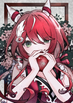 1girl animal_ears apple blush breasts closed_mouth dress ear_covers ear_ornament feather_hair_ornament feathers flower food fruit green_eyes hair_between_eyes hair_ornament highres holding holding_food holding_fruit horse_ears horse_girl long_hair looking_at_viewer red_dress red_hair shikahisa_totani sleeveless small_breasts solo umamusume upper_body win_variation_(dramatic_tutu)_(umamusume) win_variation_(umamusume)