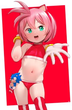 1girl amy_rose animal_ears bikini blush born-to-die bracelet character_doll doll fake_animal_ears flat_chest gloves green_eyes hedgehog_girl highres humanization jewelry loli looking_at_viewer navel open_mouth pink_hair reaching reaching_towards_viewer red_background red_bikini red_thighhighs sega short_hair smile sonic_(series) sonic_the_hedgehog spiked_hair standing stuffed_animal stuffed_hedgehog stuffed_toy swimsuit teeth thighhighs white_gloves