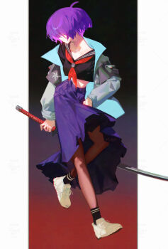 Rule 34 | 1girl, adversarial noise, ahoge, black shirt, black socks, brown pantyhose, closed mouth, commentary, crop top, english commentary, full body, grey jacket, hair over eyes, highres, holding, holding sword, holding weapon, jacket, long skirt, long sleeves, mara (raneblu), midriff, neckerchief, ootachi, open clothes, open jacket, original, pantyhose, purple hair, purple skirt, raneblu, red neckerchief, shirt, shoes, short hair, skirt, smile, sneakers, socks, solo, sword, weapon, white shoes