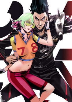 1boy 1girl 2018 artist_name black_hair breasts commentary fingerless_gloves gloves green-tinted_eyewear highres jacket jewelry jn3 jp_(redline) long_sleeves multicolored_hair multiple_rings navel necklace pompadour redline ring short_hair short_sleeves sonoshee_mclaren tinted_eyewear two-tone_hair white_background