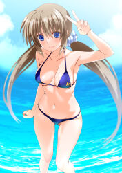 Rule 34 | 1girl, bikini, blue bikini, blue eyes, blush, breasts, brown hair, cleavage, closed mouth, collarbone, commentary request, corona timir, engo (aquawatery), hair ribbon, highres, in water, large breasts, long hair, looking at viewer, lyrical nanoha, mahou shoujo lyrical nanoha vivid, navel, ocean, outdoors, ribbon, sky, solo, swimsuit, twintails
