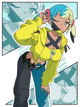1girl aqua_hair bandeau belt black_belt black_mask blonde_hair breasts canari_(pokemon) cleavage commentary_request criss-cross_straps dark-skinned_female dark_skin highres jacket kanbei_(pixiv11037490) large_breasts long_sleeves looking_at_viewer mask mask_pull mega_stone mouth_mask multicolored_hair navel nintendo one_eye_closed pants pokemon pokemon_legends:_z-a puckered_lips short_twintails split-color_hair sports_bra stomach twintails two-tone_hair two-tone_mask two-tone_pants yellow_bandeau yellow_jacket yellow_mask yellow_sports_bra