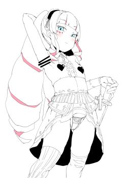 Rule 34 | arm up, bar censor, blush, bow, bowtie, cameltoe, censored, censored armpit, commentary request, cross, deep web underground, drill hair, facial mark, fighting stance, flat chest, frilled hairband, frilled skirt, frills, gluteal fold, grills, hairband, hand on hilt, heart, heart pasties, highres, lolita hairband, long hair, looking at viewer, mismatched thighhighs, panties, pasties, ready to draw, sheath, sheathed, shinsougumi, skirt, striped clothes, striped thighhighs, sword, thighhighs, twin drills, underwear, vertical-striped clothes, vertical-striped thighhighs, weapon, zettai yarumoni