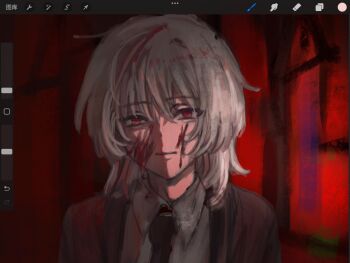 1boy art_program_in_frame black_necktie blood blood_on_face brown_cardigan cardigan chinese_commentary collared_shirt commentary_request dress_shirt expressionless highres huazijunmeitiandouhaoshuaie looking_at_viewer male_focus necktie portrait red_background red_eyes saihate_eki shirt short_hair solo tatsunami_shion white_hair white_shirt