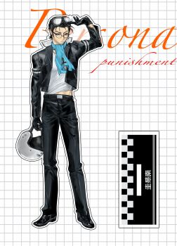 Rule 34 | 1boy, arm up, ascot, black hair, black jacket, black pants, blue ascot, catfish05, closed mouth, commentary, copyright name, english text, full body, glasses, goggles, goggles on head, grid background, helmet, highres, holding, holding unworn helmet, jacket, long sleeves, male focus, midriff peek, motorcycle helmet, nanjou kei, open clothes, open jacket, pants, persona, persona 1, shirt, shoes, short hair, simple background, solo, standing, symbol-only commentary, unworn headwear, unworn helmet, white background, white shirt