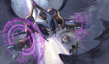 character_request duel_monster floating flying holding holding_staff long_hair machine magic_circle open_hands rock sihai_(wsskdywe) sky staff standing tail twintails vylon_alpha vylon_sphere wings yu-gi-oh!