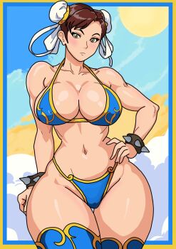 Rule 34 | 1girl, arm behind back, armpit peek, bikini, blush, braid, breasts, brown hair, capcom, chun-li, cleavage, curvy, double bun, expressionless, hair bun, hand on own hip, highres, large breasts, legs, long hair, looking at viewer, navel, parted lips, sideboob, solo, street fighter, swimsuit, thick thighs, thighs, thong bikini, toned, twin braids, very long hair, wide hips, yellow eyes