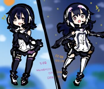 2girls african_penguin_(kemono_friends) black_hair elbow_gloves full_body gloves headphones hood hoodie humboldt_penguin_(kemono_friends) kemono_friends kemono_friends_v_project long_hair looking_at_viewer microphone multicolored_hair multiple_girls penguin_girl penguin_tail shoes short_hair simple_background skirt sleeveless tail tanuki_kamen thighhighs virtual_youtuber