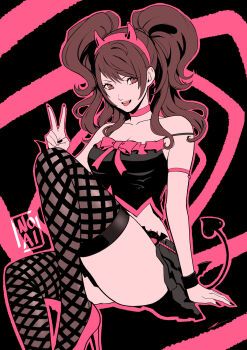 1girl black_skirt bow breasts brown_eyes brown_hair camisole commentary crop_top demon_tail eightyfourart english_commentary english_text fake_horns fake_tail flower full_body hairband high_heels highres horn_hairband horns kujikawa_rise long_hair looking_at_viewer midriff miniskirt navel one_eye_closed orange_background parted_lips persona persona_4 pink_flower red_bow red_hairband simple_background skirt solo spaghetti_strap standing stomach strap_slip tail thick_thighs thighhighs thighs twintails