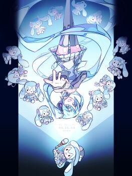 Rule 34 | 1girl, absurdly long hair, absurdres, bare shoulders, belt, black background, black boots, black hat, black skirt, black sleeves, black suit, blue background, blue belt, blue bow, blue eyes, blue hair, blue necktie, blue skirt, boots, bow, bowtie, character doll, collared shirt, colored eyelashes, commentary request, detached sleeves, doll, eokibakuma, facing viewer, flashlight, floating hair, formal clothes, frilled shirt, frills, fuwapuchi, gradient background, grey shirt, hair between eyes, hair ornament, hairclip, hand on own chest, hat, hatsune miku, headphones, highres, long hair, looking at viewer, mini hat, miniskirt, necktie, offering hand, one eye closed, parted lips, pink bow, pink bowtie, shirt, sidelocks, single bare shoulder, skirt, sleeveless, sleeveless shirt, smile, solo, striped clothes, striped skirt, striped sleeves, stuffed toy, suit, thigh boots, thighhighs, thighs, twintails, upside-down, very long hair, vocaloid, white hat, wide sleeves, zettai ryouiki