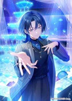 Rule 34 | 1girl, belt, black belt, black pants, black sweater, blue eyes, blue hair, blue shirt, champagne tower, closed mouth, collared shirt, commentary request, copyright notice, curtained hair, grey jacket, hand on own chest, hiodoshi ao, hiodoshi ao (1st costume), hololive, hololive dev is, indoors, jacket, jewelry, looking at viewer, medium hair, mole, mole under mouth, necklace, official art, pants, pinstripe jacket, pinstripe pattern, pompocy, reaching, reaching towards viewer, reverse trap, shirt, smile, solo, suit jacket, sweater, sweater tucked in, v-neck, virtual youtuber, wolf cut