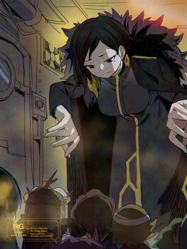 1girl 5others ambiguous_gender asymmetrical_bangs binah_(project_moon) black_cape black_dress black_eyes black_hair breasts brown_hair cape closed_mouth colored_tips commentary_request dress e.g.o_(project_moon) earrings employee_(project_moon) goggles goggles_on_headwear hallway height_difference indoors jewelry lobotomy_corporation long_dress long_hair long_sleeves looking_at_another medium_breasts medu_(rubish) multicolored_hair multiple_others nugget_(project_moon) project_moon short_hair smile solo_focus tall_female watermark