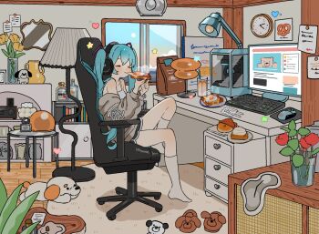 1girl :i animal_slippers aqua_hair armchair bag biting black_shorts bookshelf bottle camisole cardigan chair clock closed_eyes closed_mouth commentary computer computer_keyboard cup desk_lamp dog dot_nose drinking_glass eating english_commentary flower_pot fried_egg grey_cardigan gym_shorts hatsune_miku headphones headset heart highres indoors lamp long_hair maple_(abc2215) monitor no_shoes paper_bag sandwiched shorts sitting slice_of_life slippers socks solo twintails vase very_long_hair vocaloid white_camisole white_socks window
