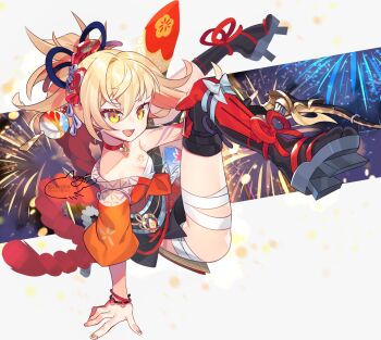 Rule 34 | 1girl, arm tattoo, asymmetrical legwear, bandaged arm, bandaged leg, bandages, bare shoulders, black gloves, black thighhighs, blonde hair, blush, breasts, chest tattoo, choker, fingerless gloves, fireworks, flower tattoo, genshin impact, gloves, hair ornament, highres, japanese clothes, kimono, long hair, long sleeves, looking at viewer, negi (ulog'be), obi, orange kimono, platform sandals, ponytail, sandals, sarashi, sash, small breasts, tabi, tattoo, thighhighs, vision (genshin impact), wide sleeves, yellow eyes, yoimiya (genshin impact)