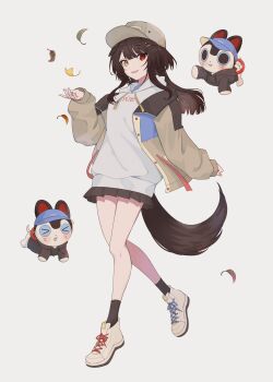 1girl animal_ears anklet banken_(inui_toko) baseball_cap black_socks brown_hair brown_hat brown_jacket brown_tail commentary_request dark_skin dog_ears dog_girl dog_tail drawstring ears_down falling_leaves full_body grey_background haruwo hat heterochromia highres hood hood_down hoodie inui_toko inui_toko_(hoodie) jacket jewelry leaf long_hair long_sleeves looking_at_viewer nijisanji open_clothes open_jacket open_mouth pleated_skirt red_eyes shoes simple_background skirt socks tail virtual_youtuber walking white_hoodie yellow_eyes