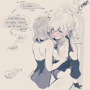 1other 2girls artist_name artist_self-insert bare_shoulders blush breasts commentary dress english_commentary english_text genshin_impact gloves grabbing_another's_breast greyscale groping hand_on_another's_waist hickey highres jean_(genshin_impact) large_breasts lilac_alien lisa_(genshin_impact) long_hair monochrome multiple_girls pants parted_lips ponytail speech_bubble strapless strapless_dress yuri