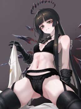 1girl absurdres antenna_hair arknights arm_support armpit_crease artist_name ascot ass bare_arms bare_shoulders black_ascot black_bra black_eyes black_garter_belt black_gloves black_hair black_halo black_panties black_thighhighs black_wings blunt_bangs blurry blurry_background blush bra breasts breasts_apart broken_halo brown_background collarbone colored_inner_hair come_hither commentary cowboy_shot dark_halo depth_of_field detached_wings diamond-shaped_pupils diamond_(shape) energy_wings eyelashes from_below garter_belt gloves gradient_background grey_hair grin halo hand_up highres hime_cut holding holding_jacket holding_unworn_clothes jacket lace lace-trimmed_bra lace-trimmed_garter_belt lace-trimmed_panties lace_trim lingerie long_hair looking_at_viewer looking_down mildt mole mole_under_eye multicolored_hair naughty_face navel panties parted_lips revision shadow sidelocks small_breasts smile solo stomach straight_hair symbol-shaped_pupils teeth thighhighs thighs twitter_username two-tone_hair underwear underwear_only unworn_jacket very_long_hair virtuosa_(arknights) white_jacket wings yellow_pupils