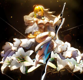 1girl aestus_estus ahoge artist_name belt blonde_hair blush bodysuit breasts bridal_veil chain cleavage detached_sleeves fate/extra fate/extra_ccc fate_(series) flower flower_wreath full-length_zipper full_body gloves green_eyes hair_intakes head_wreath high_heels highres holding holding_flower holding_sword holding_weapon kankitsurui_(house_of_citrus) large_breasts leotard light_particles lock looking_at_viewer loose_belt nero_claudius_(bride)_(fate) nero_claudius_(fate) padlock padlocked_collar petals shadow signature smile solo sword thighhighs thighs underlighting veil weapon white_bodysuit white_flower white_gloves white_leotard white_sleeves white_thighhighs zipper