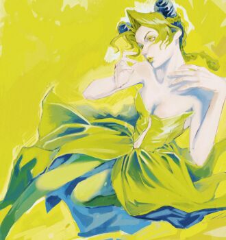 Rule 34 | 1girl, braid, breasts, cleavage, clothing cutout, double bun, dress, eulbhitomi, green pantyhose, hair bun, highres, jojo no kimyou na bouken, kuujou jolyne, lipstick, makeup, navel cutout, pale skin, pantyhose, parted lips, solo, stone ocean, yellow background