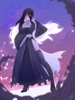 1girl bandaged_arm bandages black_choker black_dress black_hair black_shoes black_thighhighs breasts chasireaq3d choker cleavage dress eris_illmater evil_smile full_body glowing glowing_eye high_heels highres large_breasts long_bangs long_hair looking_at_viewer purple_eyes shaded_face shoes side_slit signature smile solo standing thighhighs torn_clothes torn_dress tyrion_cuthbert:_attorney_of_the_arcane wide_sleeves