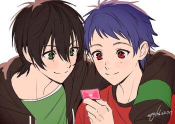 2boys akua arm_over_head black_hair black_jacket blue_hair closed_mouth commentary_request green_eyes green_shirt hair_between_eyes hand_up ichijou_shin jacket king_of_prism kougami_taiga male_focus multiple_boys pretty_rhythm pretty_series pripara priticket red_eyes red_shirt shirt short_hair simple_background smile upper_body white_background