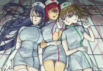 3girls asymmetrical_hair blue_eyes blue_hair blue_trim breasts brown_hair closed_mouth cross_scar cyclops dg3fd dress elbow_gloves extra_eyes extra_mouth gloves green_eyes green_trim hat highres holding holding_syringe ichigou_(ikigusare) ikigusare large_breasts long_hair looking_at_viewer lying medium_breasts monster_girl multiple_girls nigou_(ikigusare) nurse nurse_cap on_back on_floor one-eyed open_mouth pink_eyes pink_trim red_hair sangou_(ikigusare) scar scar_on_face short_hair short_sleeves smile stitched_face stitches swept_bangs syringe thighhighs tile_floor tiles twintails undercut white_dress white_gloves white_thighhighs