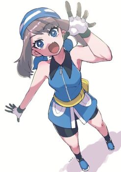 1girl bandana bike_shorts black_shorts blue_bandana blue_dress blue_eyes blue_shoes brown_hair chihiro_(tottotat1101) commentary_request dress eyelashes fang fanny_pack gloves looking_at_viewer may_(pokemon) medium_hair nintendo open_mouth pokemon pokemon_adventures reaching reaching_towards_viewer shoes shorts shorts_under_shorts simple_background solo white_background