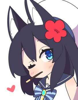 1girl animal_ear_fluff animal_ears beret black_hair black_sailor_collar blue_bow blue_eyes blush bow brooch commentary_request flower food food_in_mouth fox_ears hair_flower hair_ornament hat heart highres jewelry looking_at_viewer mouth_hold one_eye_closed original pocky pocky_day red_flower sailor_collar saisoku_no_yukkuri shirt simple_background sleeveless sleeveless_shirt solo striped_bow upper_body white_background white_hat white_shirt