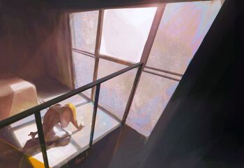 Rule 34 | 1girl, astrianabla, bedroom, blonde hair, clothing request, commentary, disco elysium, from above, high heels, highres, indoors, klaasje amandou, kneeling, outstretched arms, railing, short hair, solo, window light