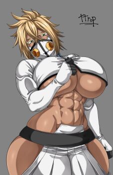 1girl 2025 abs artist_name bleach blonde_hair breasts colored_eyelashes cropped_jacket dark-skinned_female dark_skin espada female_focus green_eyes grey_background large_breasts medium_hair shiny_skin simple_background tier_harribel ttrop underboob wide_hips