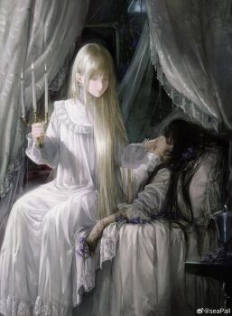 Rule 34 | 2girls, absurdres, black hair, blonde hair, candlestand, closed eyes, closed mouth, dress, flower, hand on another's face, highres, holding, holding candlestand, holding flower, long hair, looking at another, lying, multiple girls, on back, on bed, original, purple flower, red eyes, seapall, sick, sidelocks, watermark, weibo watermark, white dress