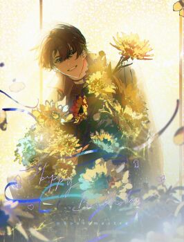 1boy absurdres black_coat black_eyes black_hair black_shirt chrysanthemum coat commentary curtained_hair english_commentary flower grin hair_between_eyes happy_birthday head_tilt highres looking_at_viewer male_focus omniscient_reader&#039;s_viewpoint open_clothes open_coat ribbon roellm shirt short_hair smile solo sunflower too_many_flowers yoo_joonghyuk