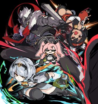 1boy 3girls :3 amillion_(zenless_zone_zero) anby_demara anby_demara_(silver_soldier) animal_ear_fluff animal_ears arm_mounted_weapon billy_kid billy_kid_(starlight) black_background black_hair black_hairband black_jacket black_ribbon bracelet breasts cat_ears cat_girl cat_tail chain chain_around_arm clothed_robot commentary_request crop_top dark-skinned_female dark_skin facial_mark fur-trimmed_jacket fur_trim gloves green_eyes grey_hair hair_ornament hair_ribbon hairband hairclip highres horns humanoid_robot jacket jewelry long_hair looking_at_viewer mole mole_on_breast mole_on_thigh mole_under_eye multiple_girls nekomiya_mana nicole_demara orange_eyes pink_hair red_eyes red_scarf ribbon robot robot_boy scarf short_hair shorts simple_background smile spiked_bracelet spiked_hair spikes tail two_side_up umashika_(horsedeer) white_hair yellow_eyes zenless_zone_zero