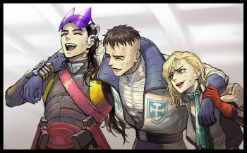 1girl 2boys aleph_(megami_tensei) arm_around_shoulder armor assisted_carrying bandages belt black_armor black_border black_hair blonde_hair blue_collar blue_gloves blue_neckerchief border breastplate bright_background carrying closed_eyes collar collared_jacket commentary_request cross cross_print gloves goggles goggles_on_head grey_eyes gun hiroko_(megami_tensei) holster jacket laughing long_hair mole multiple_boys neckerchief o_c_x partially_open_jacket red_gloves red_lips shin_megami_tensei shin_megami_tensei_ii short_hair smile sweatdrop undercut weapon yellow_gloves zayin_(megami_tensei)