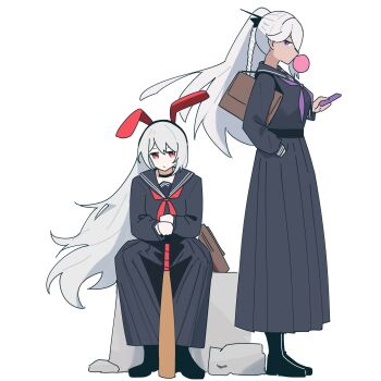 Rule 34 | 2girls, absurdres, alternate costume, animal ear hairband, animal ears, bag, baseball cap, black boots, black serafuku, black shirt, black skirt, blowing bubble gum, boots, chewing gum, commentary, dark-skinned female, dark skin, delinquent, fake animal ears, full body, girls' frontline, girls' frontline 2: exilium, hairband, hand in pocket, hat, highres, holding, krolik (girls' frontline 2), long hair, long skirt, looking at viewer, multiple girls, myticalcat, necktie, nemesis (girls' frontline 2), purple eyes, purple necktie, rabbit ears, red eyes, red necktie, rock, school bag, school uniform, serafuku, shirt, simple background, sitting, skirt, standing, sukeban, white background, white hair