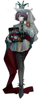 1girl absurdres argyle_clothes artist_name asymmetrical_gloves black_shoes blue_eyes bow box commission crossed_legs full_body gloves grey_hat grey_pantyhose grin hair_bow hand_up hat highres holding holding_box jester_cap long_sleeves miniskirt mismatched_gloves multiple_hair_bows open_box orange_gloves original pantyhose puffy_long_sleeves puffy_sleeves purple_hair ranla red_gloves shoes short_hair skirt smile solo standing white_background