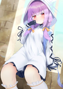 1girl absurdres aoto_mei atsuko_(blue_archive) black_gloves blue_archive closed_mouth commentary_request dress frilled_socks frills gloves hair_ribbon halo hand_up highres hood hood_up hooded_jacket jacket kneehighs looking_at_viewer low-tied_sidelocks orange_ribbon paid_reward_available partial_commentary purple_hair purple_halo red_eyes ribbon sidelocks sitting smile socks solo variant_set white_dress white_jacket white_socks