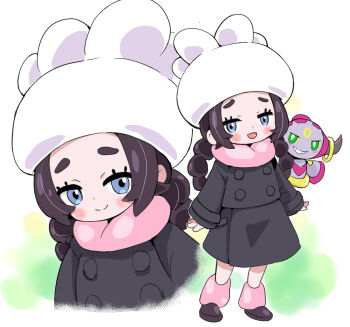 1girl absurdres ansha_(pokemon) black_dress black_hair blue_eyes blush braid buttons closed_mouth commentary_request dress gen_6_pokemon hat highres hoopa hoopa_(confined) legendary_pokemon lemon_pan long_hair mythical_pokemon nintendo open_mouth pokemon pokemon_(creature) smile thick_eyebrows twin_braids white_hat